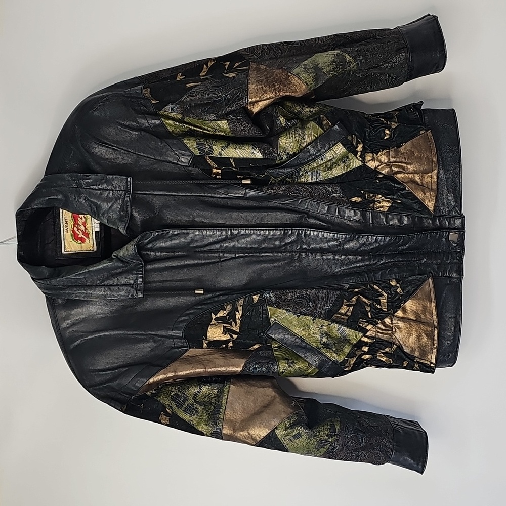 Avanti Fino Leather Patchwork Camo Metallic Elastic Peplum Waist Bomber Jacket